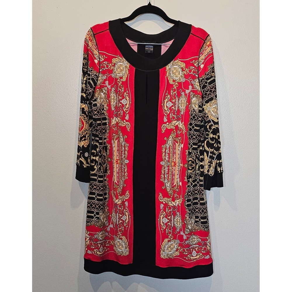 Eva Varro Womens XL Red Black Baroque Print Keyhole 3/4 Sleeve Tunic Dress USA